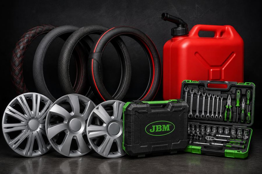 Accesorios para vehículos: fundas de volante, tapacubos y herramienta JBM