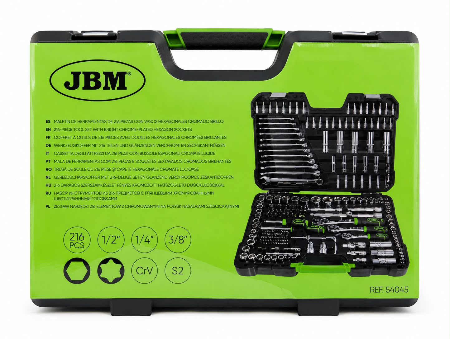 Maletín JBM de 216 piezas con vasos hexagonales cromado brillo